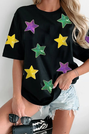 Sequin Stars Patched Round Neck T-Shirt - Makw Official Site