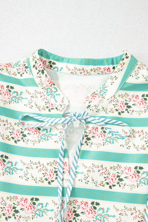 Striped Floral Print Tie Neck Puff Sleeve Midi Dress - Makw Official Site