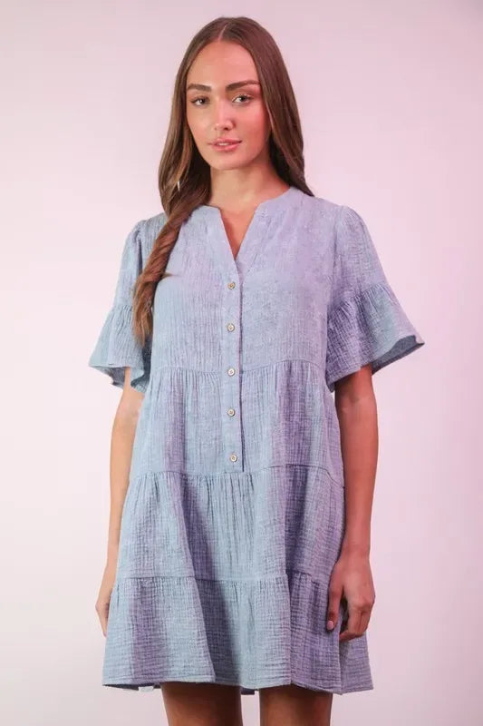 VERY J Mineral Washed Baby Bell Sleeve Woven Mini Dress - Makw Official Site