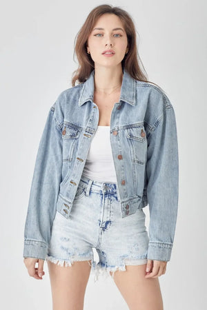 RISEN Full Size Button Down Cropped Denim Jacket - Makw Official Site
