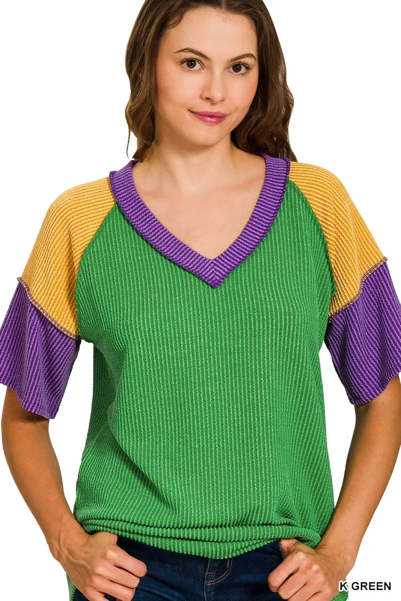 Zenana Mardi Gras Raised Rib Color Block Top - Makw Official Site