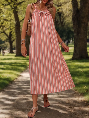 Perfee Striped Tie Neck Midi Cami Dress - Makw Official Site
