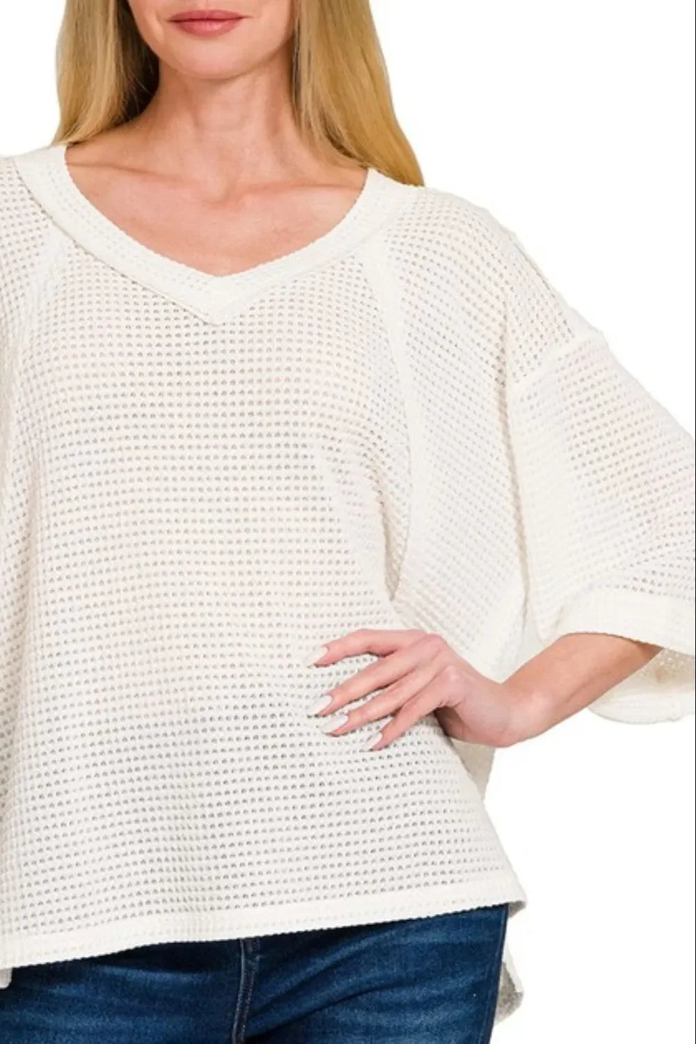 Zenana Brushed Waffle Exposed-seam 3/4 Sleeve Top - Makw Official Site