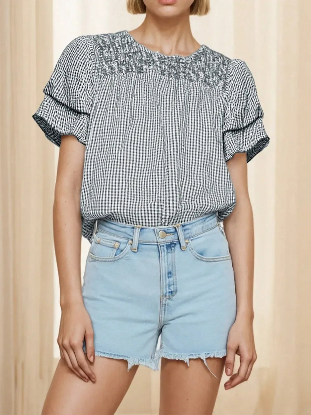Smocked Plaid Round Neck Layered Short Sleeve Blouse - Makw Official Site