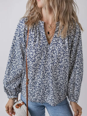 Floral Print Notched Long Sleeve Blouse - Makw Official Site