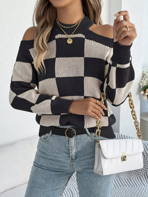 Cold Shoulder Checkered Long Sleeve Sweater - Makw Official Site