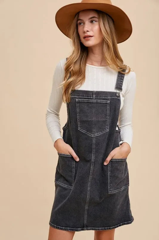 Annie Wear Wide Strap Denim Overall Dress with Pockets - Makw Official Site