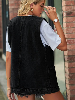 Full Size V-Neck Button Up Denim Vest - Makw Official Site