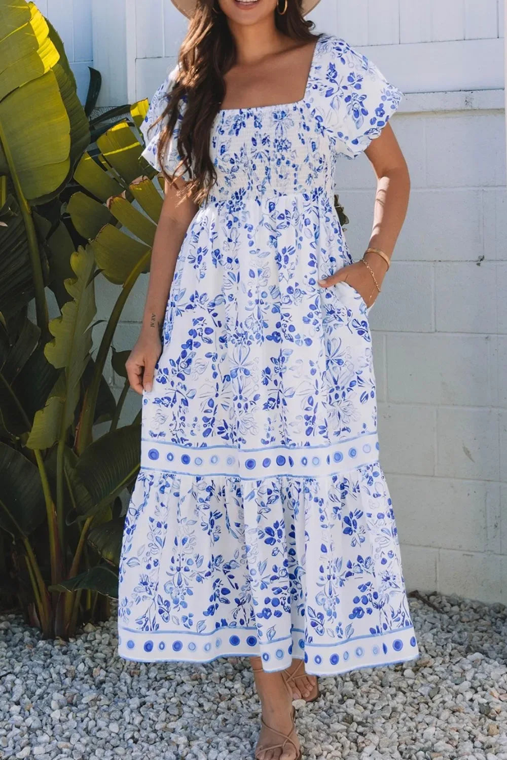 Smocked Printed Square Neck Puff Sleeve Dress - Makw Official Site