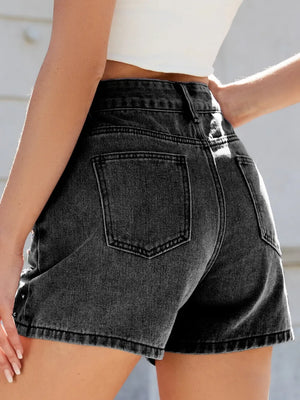 Rhinestone Washed High Waist Denim Shorts - Makw Official Site