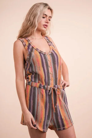 VERY J Crochet Multi Color Striped Casual Summer Romper - Makw Official Site