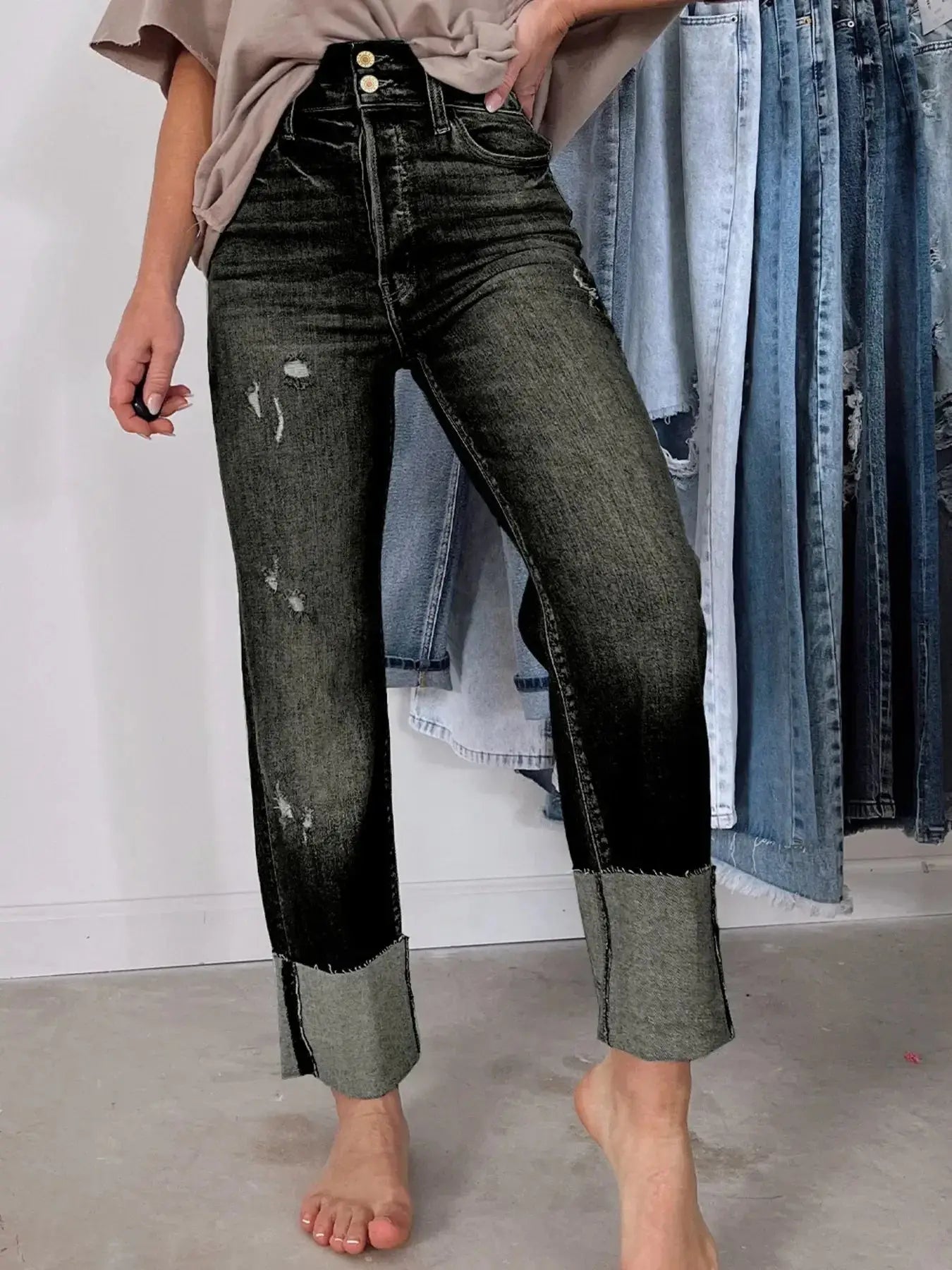 High Waist Distressed Straight Leg Jeans - Makw Official Site