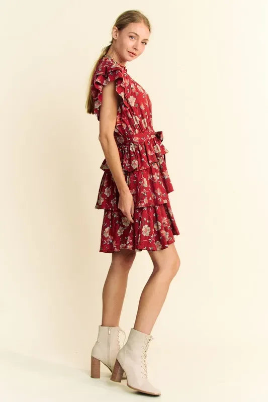 Davi & Dani Ruffle Flutter Sleeve Tie Belt Tiered Mini Dress - Makw Official Site