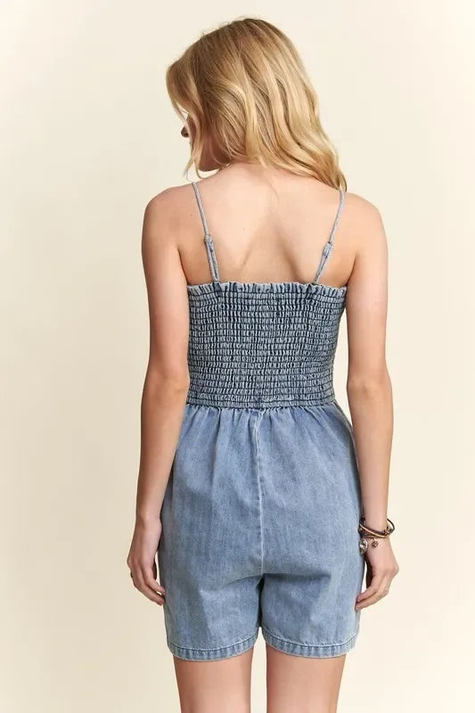 ADORA Smocked Spaghetti Strap Denim Romper - Makw Official Site
