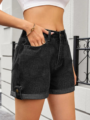 High Waist Rolled Hem Gradient Denim Shorts - Makw Official Site