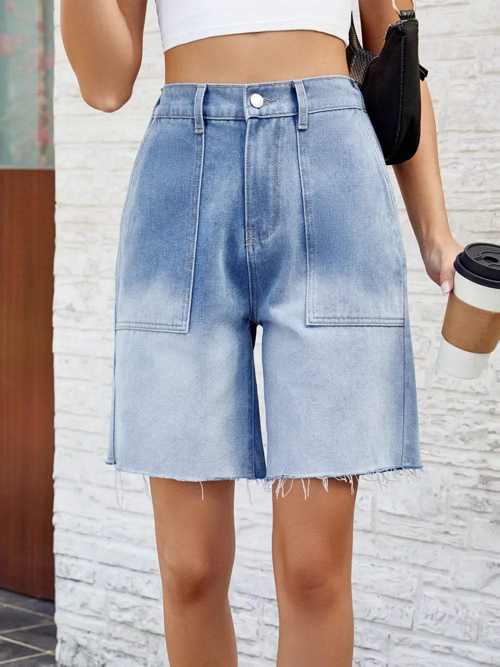 Buttoned Raw Hem Denim Shorts with Pockets - Makw Official Site
