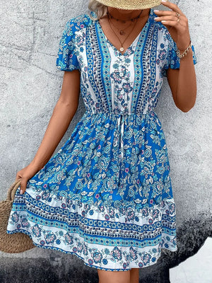 Perfee Printed V-Neck Flutter Sleeve Mini Dress - Makw Official Site
