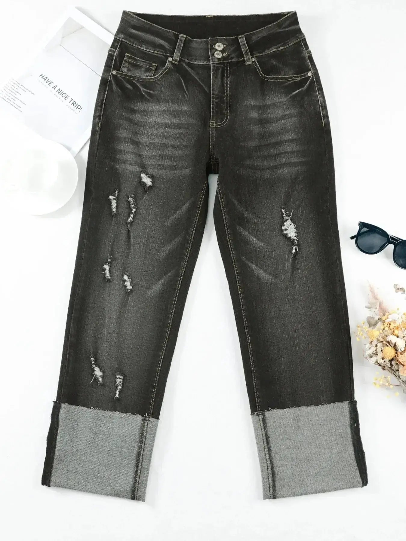 High Waist Distressed Straight Leg Jeans - Makw Official Site