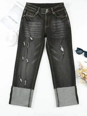 High Waist Distressed Straight Leg Jeans - Makw Official Site