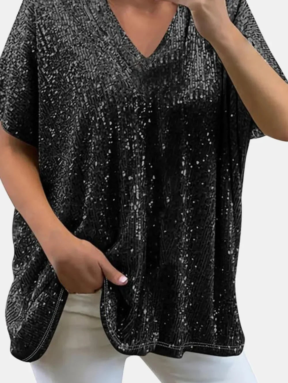 Full Size Sequin V-Neck Short Sleeve Top - Makw Official Site