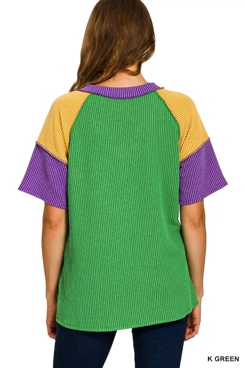 Zenana Mardi Gras Raised Rib Color Block Top - Makw Official Site