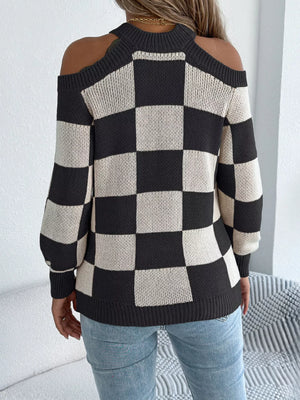 Cold Shoulder Checkered Long Sleeve Sweater - Makw Official Site