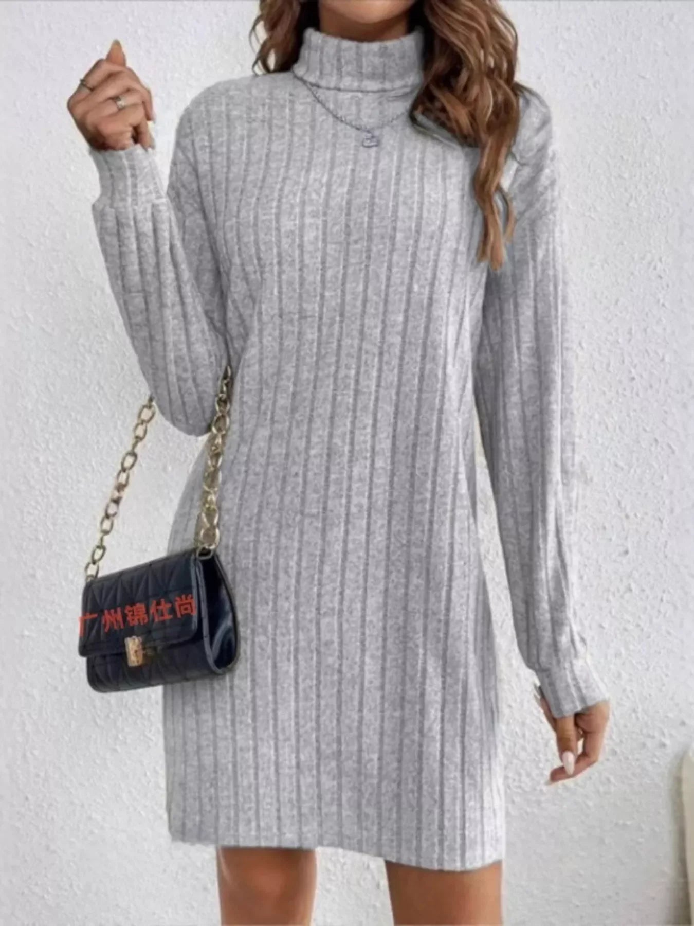 Ribbed Knit Turtleneck Mini Dress - Makw Official Site