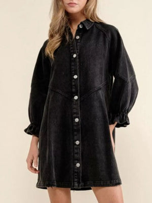 Ruffled Cuff Button-Down Denim Dress - Makw Official Site