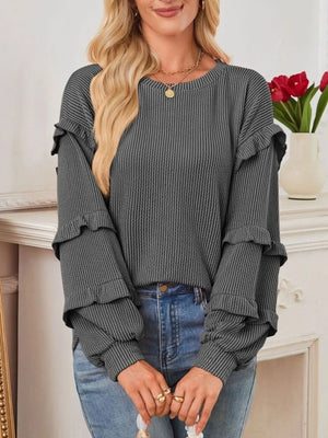 Ruffled Round Neck Long Sleeve Sweatshirt - Makw Official Site