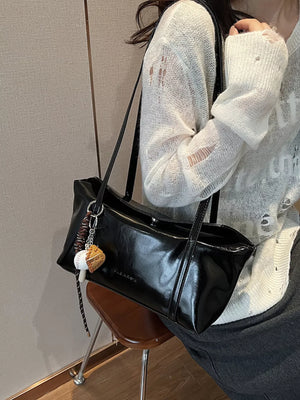 Solid Color Leather Shoulder Bag - Makw Official Site