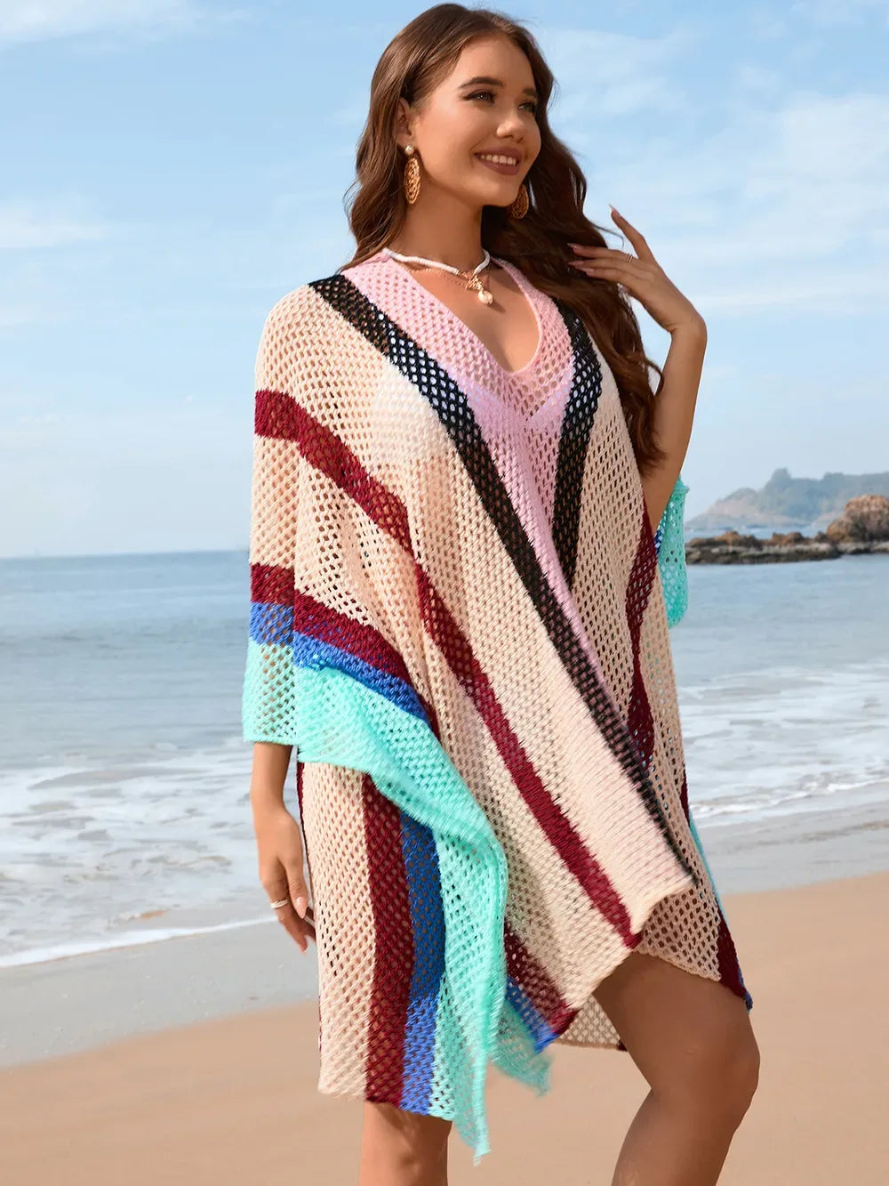 Openwork Color Block Plunge Cover-Up - Makw Official Site