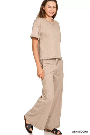 Zenana Cotton Slub Short Sleeve Tee and Pants Set - Makw Official Site