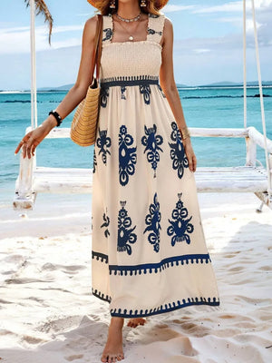 Smocked Printed Wide Strap Maxi Dress - Makw Official Site
