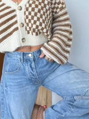 Checkered and Striped Pattern Button-Front Cropped Cardigan - Makw Official Site