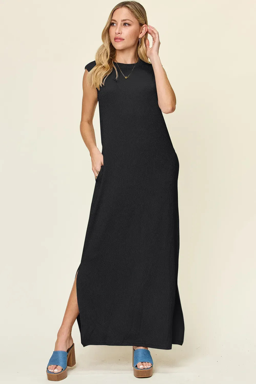 Double Take Full Size Texture Mock Neck Sleeveless Maxi Dress - Makw Official Site