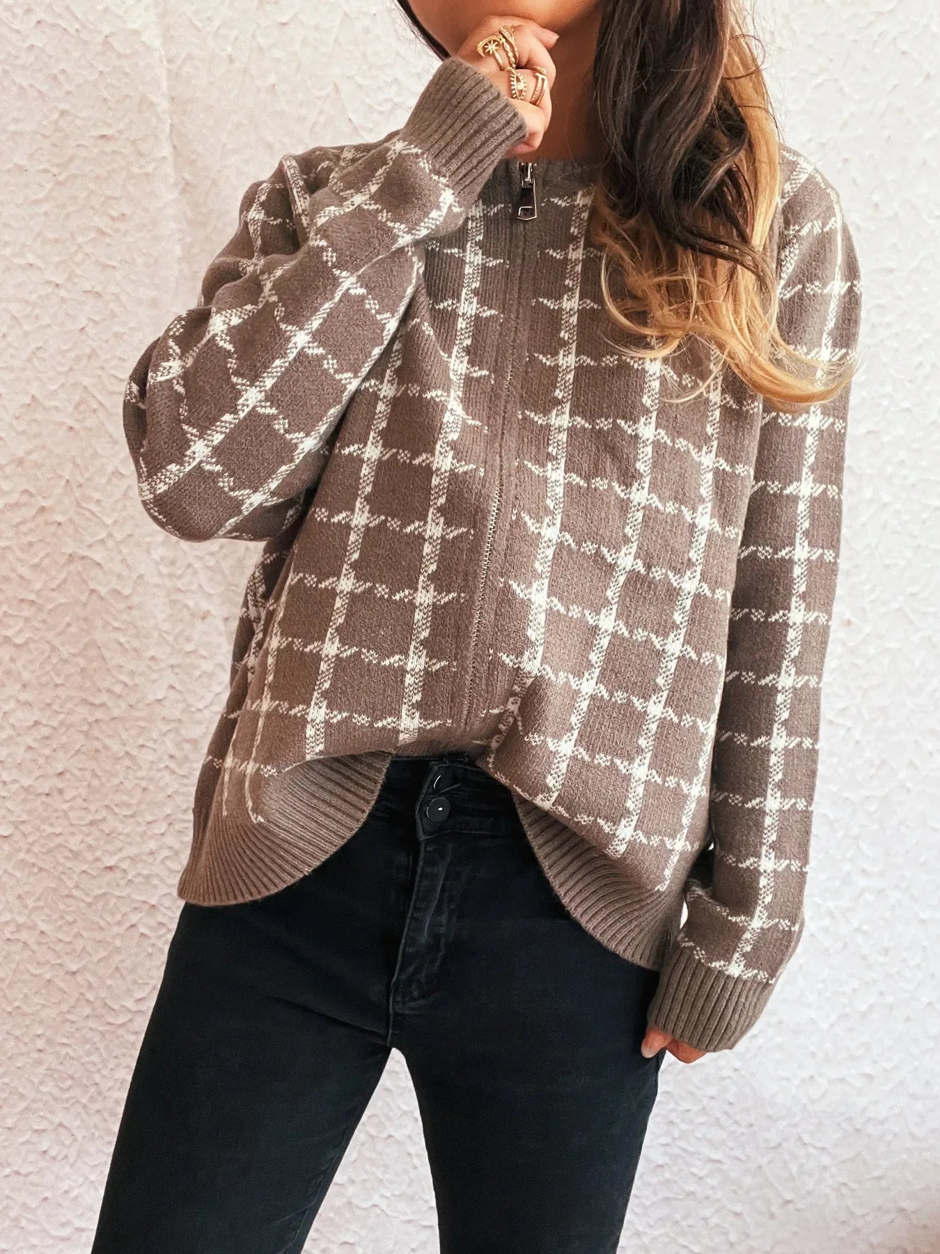 Plaid Pattern Zip Up Cardigan - Makw Official Site