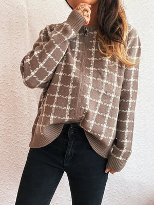 Plaid Pattern Zip Up Cardigan - Makw Official Site