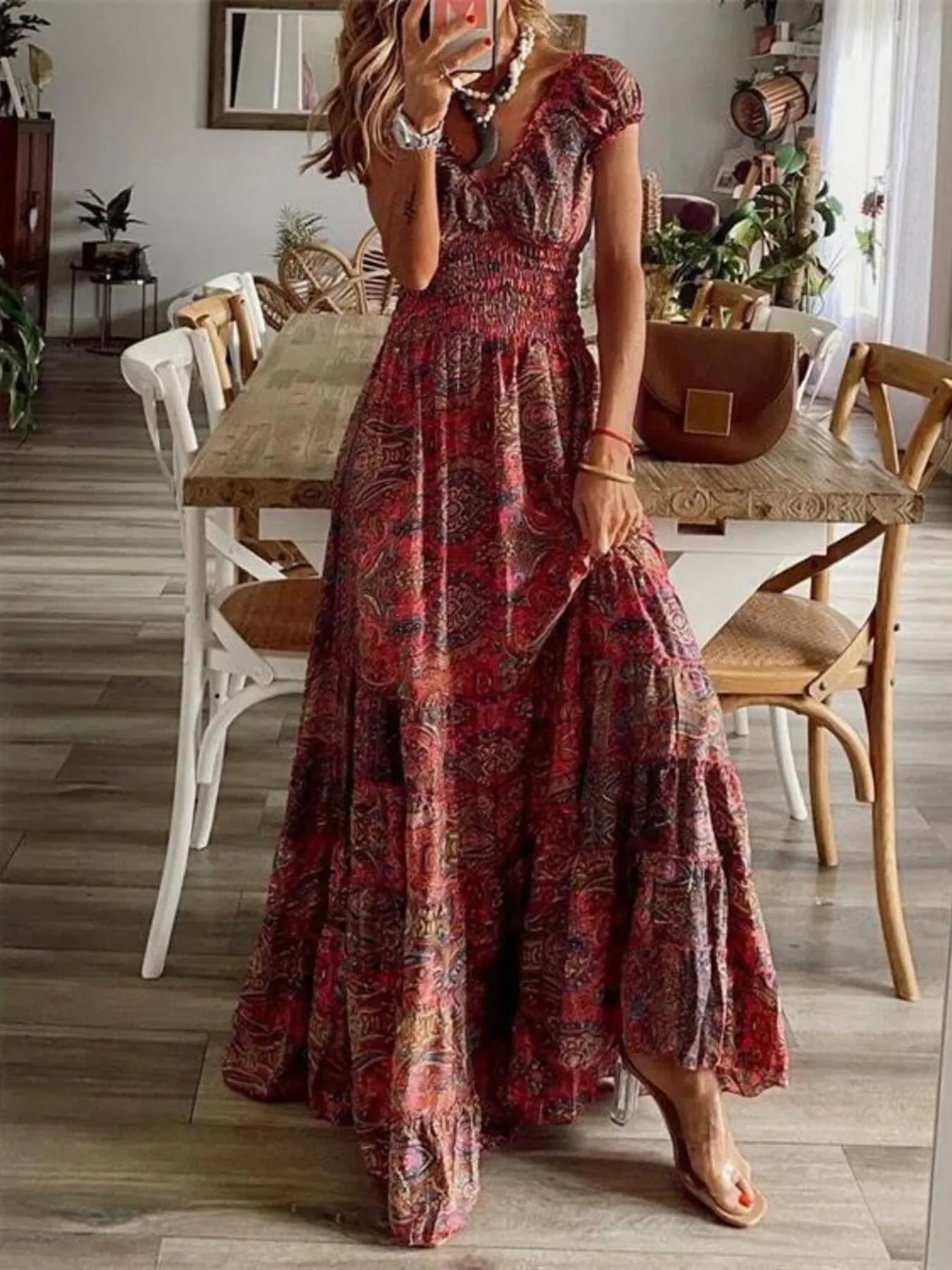 Full Size Paisley Print Cap Sleeve Maxi Dress Plus Size - Makw Official Site