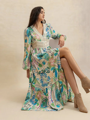 Slit Printed V-Neck Long Sleeve Midi Dress - Makw Official Site