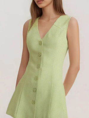 Gingham Button-Front A-Line Mini Dress - Makw Official Site