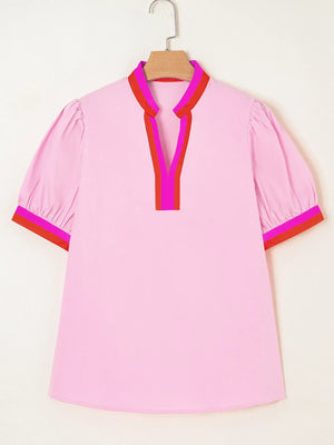 Contrast Trim Notched Short Sleeve Blouse - Makw Official Site