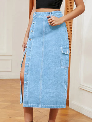 Button Down Midi Denim Skirt - Makw Official Site