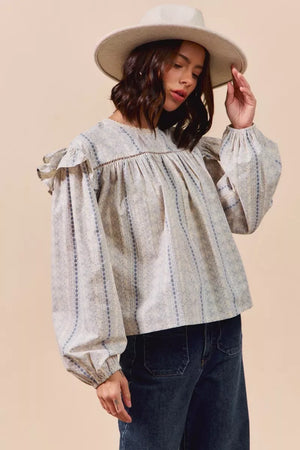 SO ME Floral Cotton Print Ruffled Long Sleeve Blouse - Makw Official Site