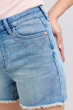Judy Blue Full Size High Waist Western Embroidery Detail Cut Off Denim Shorts Plus Size - Makw Official Site