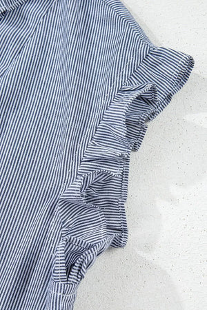 Stripe Frilled Ruffled Cap Sleeve Button Up Mini Dress - Makw Official Site