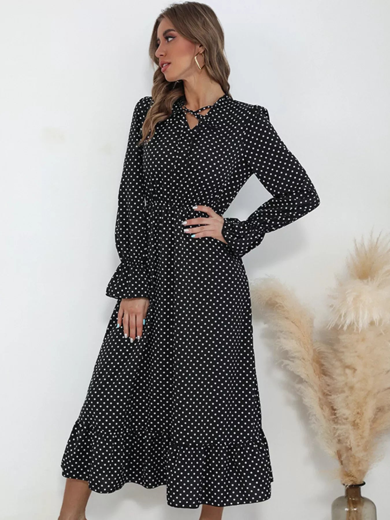 Polka Dot Ruffle Hem Midi Dress - Makw Official Site