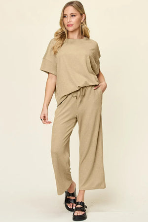 Double Take Full Size Texture Round Neck Short Sleeve T-Shirt and Wide Leg Pants - Makw Official Site