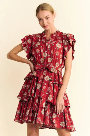 Davi & Dani Ruffle Flutter Sleeve Tie Belt Tiered Mini Dress - Makw Official Site