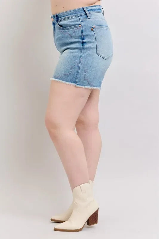 Judy Blue Full Size High Waist Western Embroidery Detail Cut Off Denim Shorts Plus Size - Makw Official Site