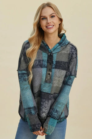 Double Take Full Size Plaid Dropped Shoulder Fleece Hoodie - Makw Official Site